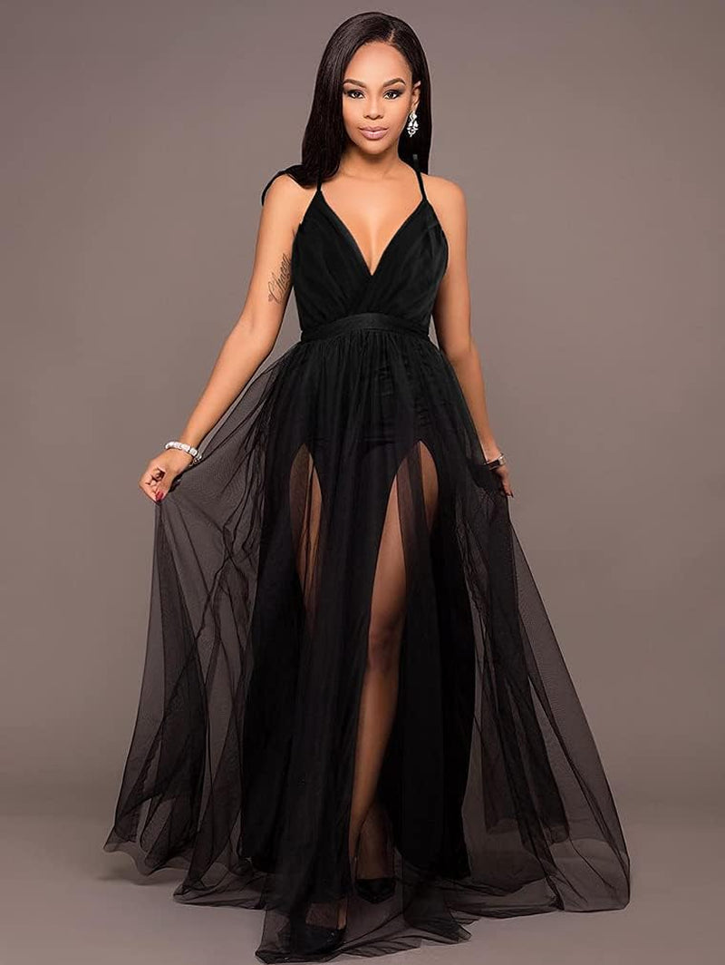 Women'S Sexy Deep V Neck Split Cocktail Maxi Dress