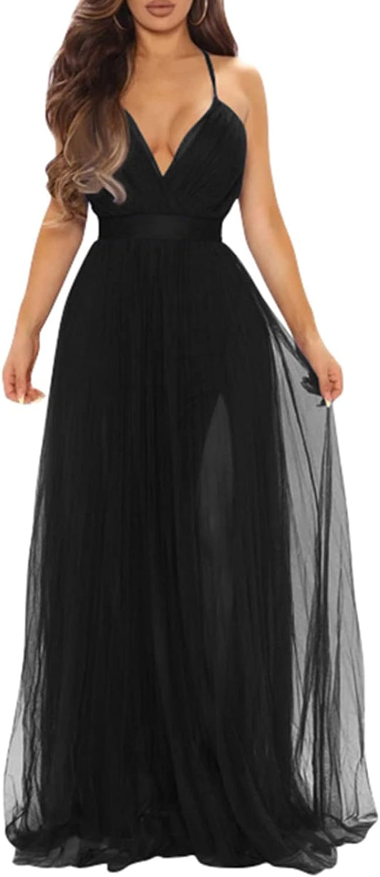 Women'S Sexy Deep V Neck Split Cocktail Maxi Dress