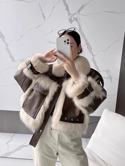 Sense Fox Fur Stitching Leather Coat