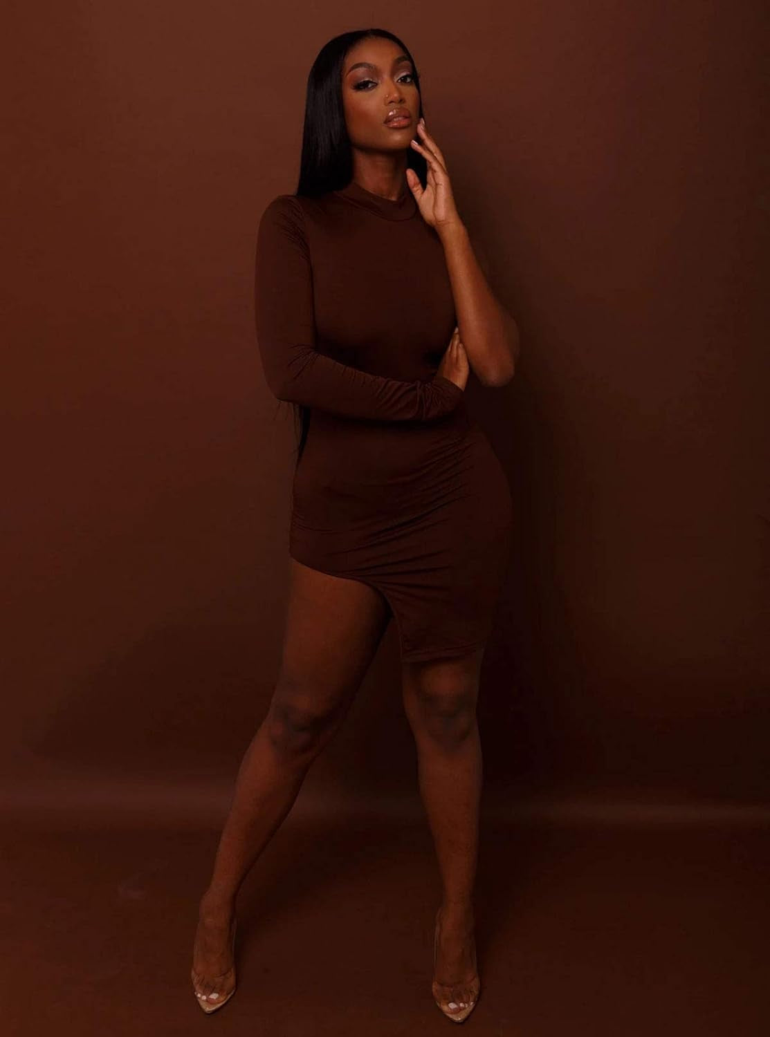 Classy One Shoulder Long Sleeve Bodycon Side Slit 