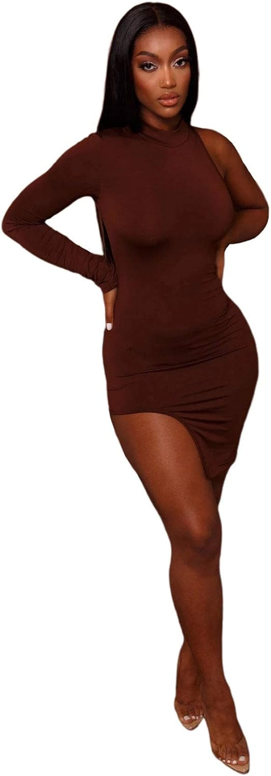 Classy One Shoulder Long Sleeve Bodycon Side Slit 